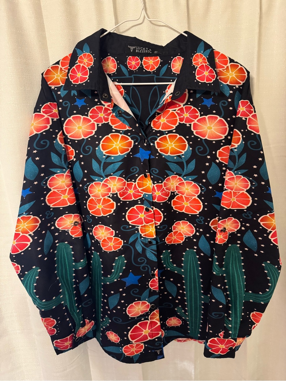 Lucky & Blessed Navy Button-Down with Orange Floral & Teal Cactus Print
